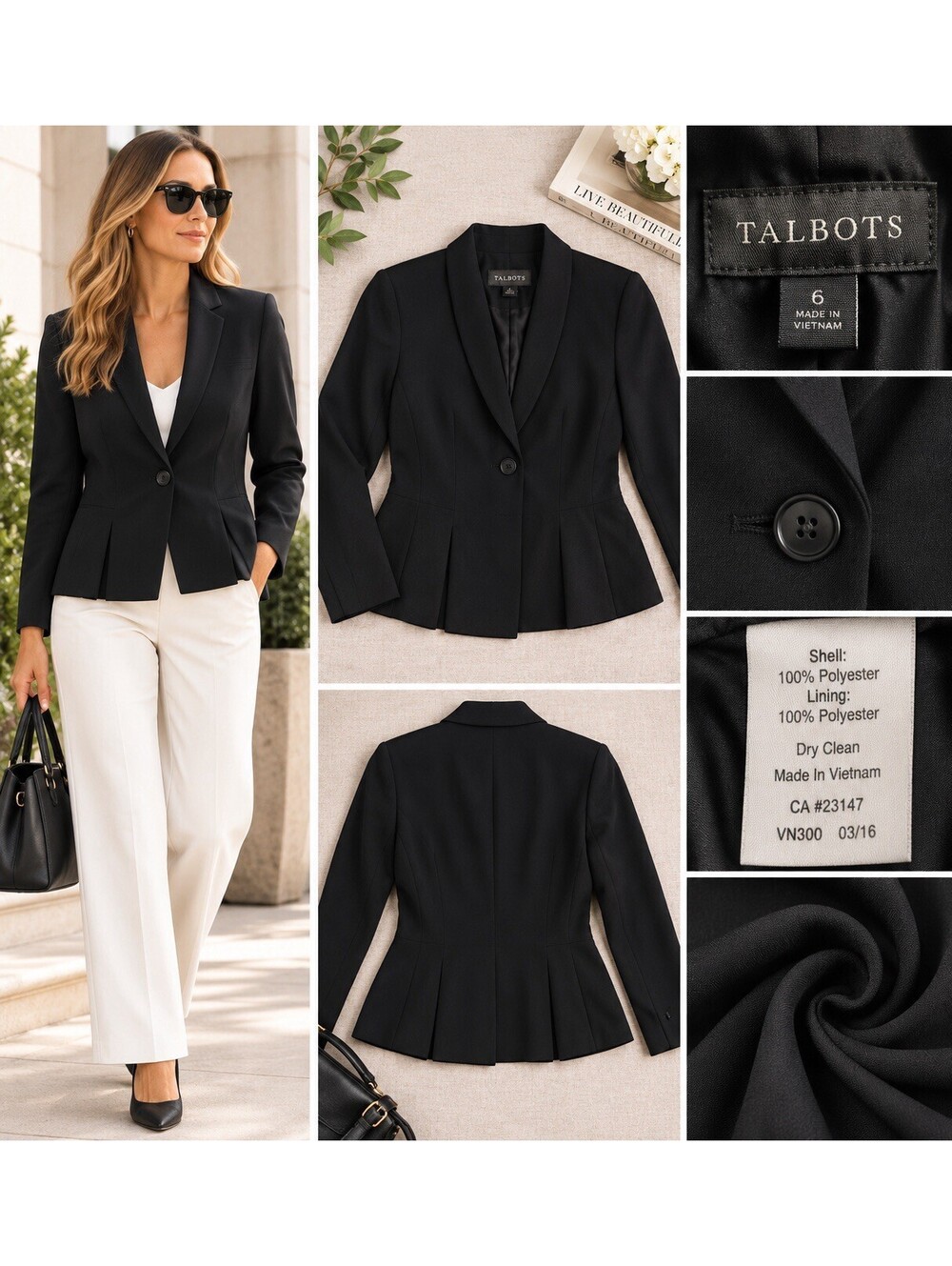 Talbots Womens 6 Black Peplum Blazer Pleated Hem One Button Career Jacket